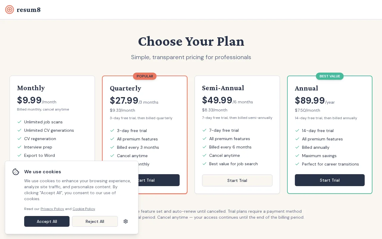 Resum8 — pricing page