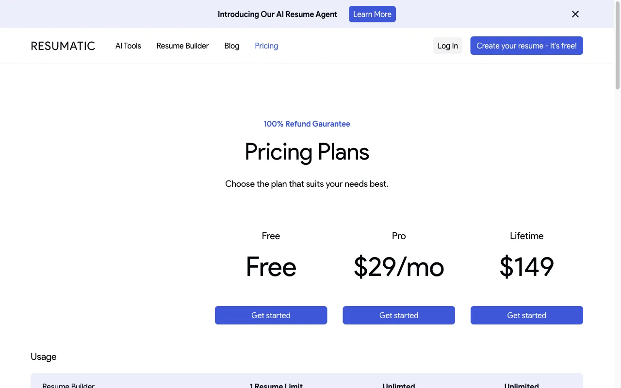 Resumatic — pricing page