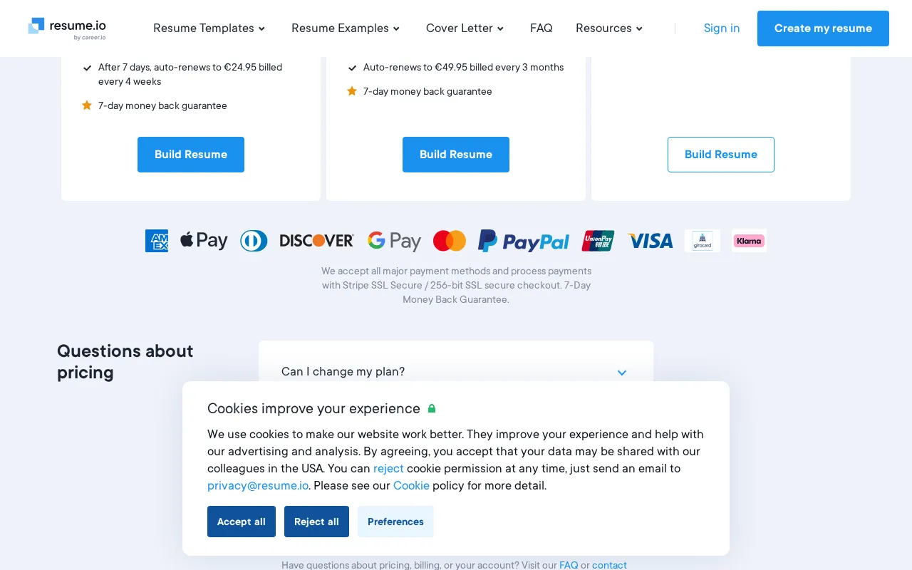 Resume — pricing page