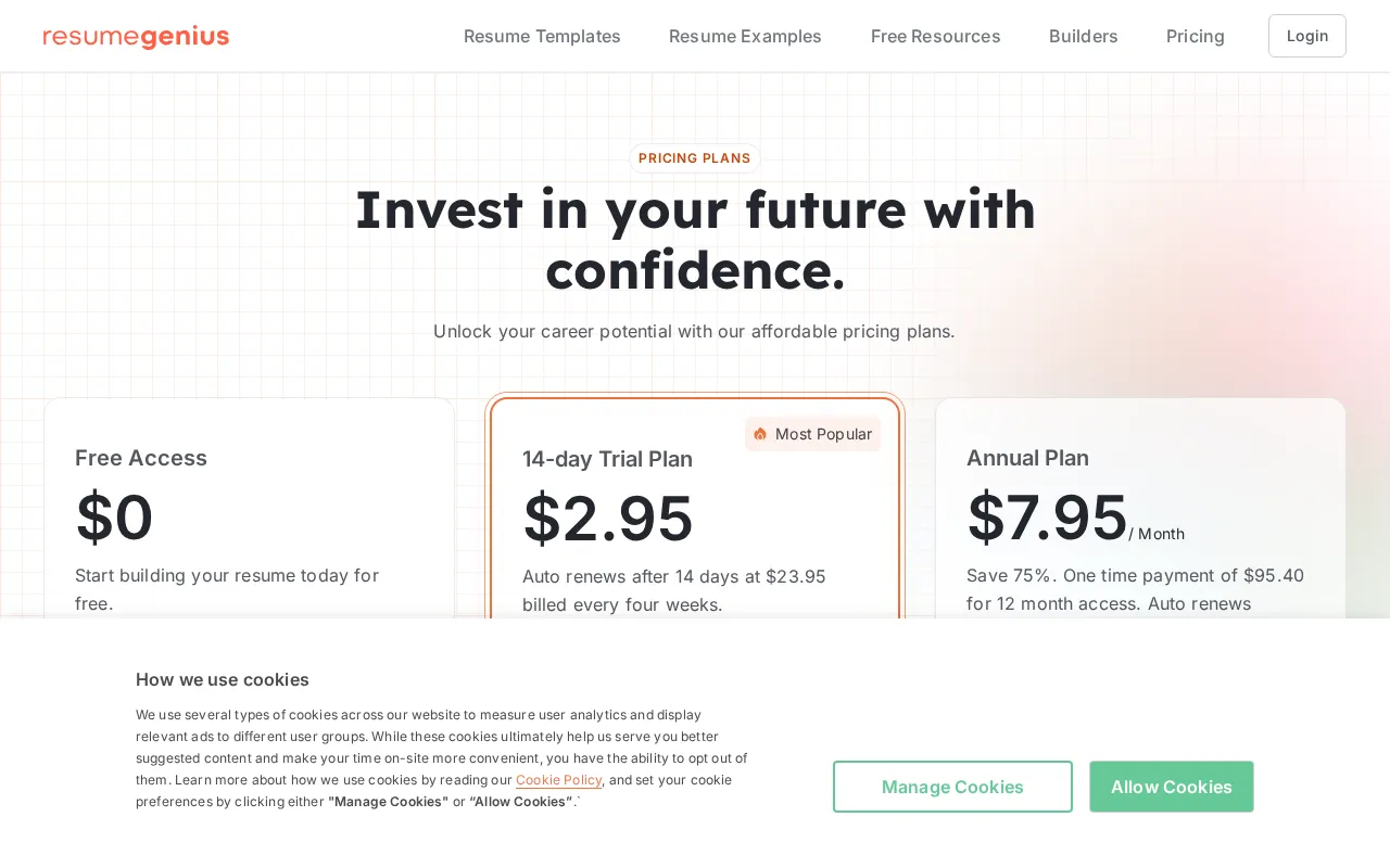 Resume Genius — pricing page