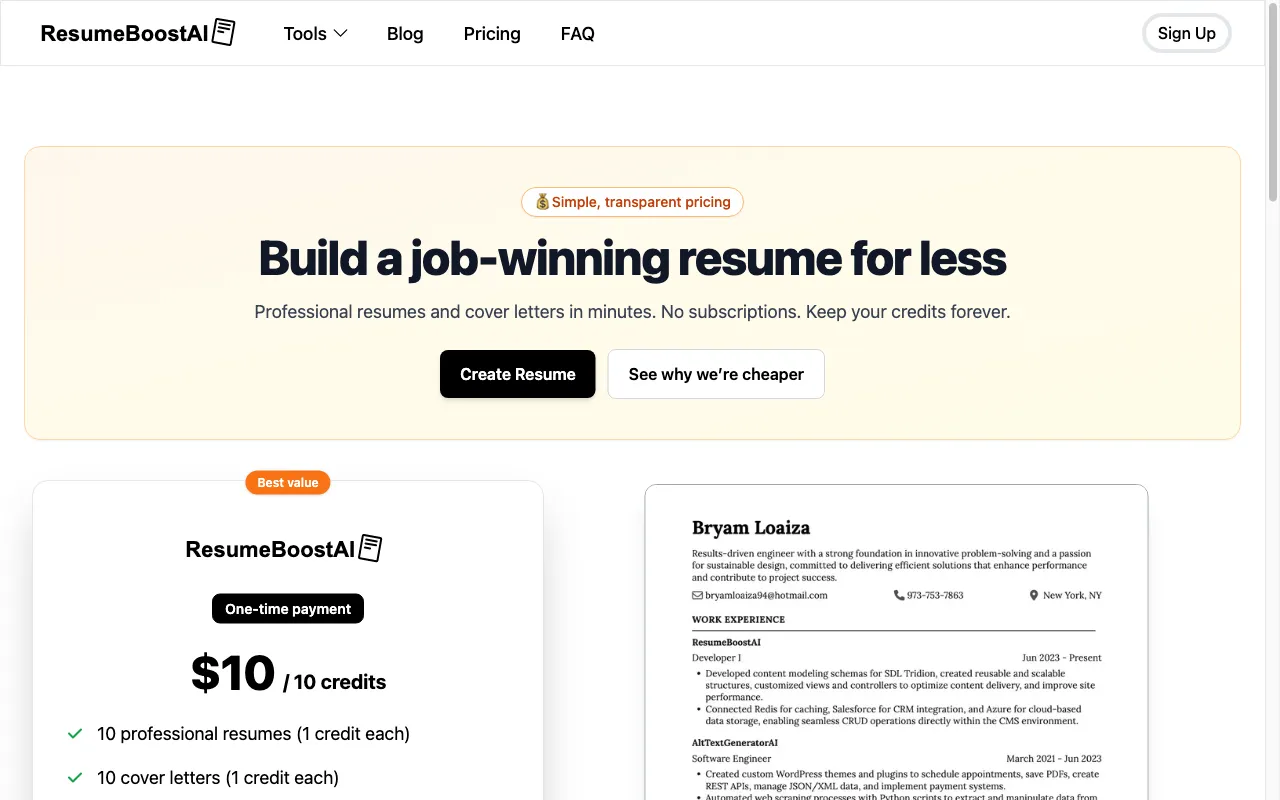 ResumeBoostAI — pricing page