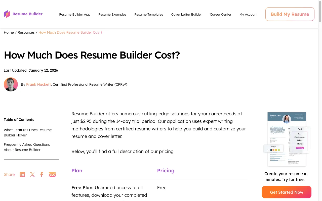 ResumeBuilder.com — pricing page