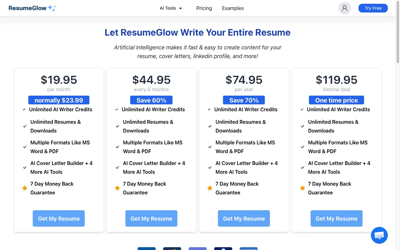 ResumeGlow — pricing page