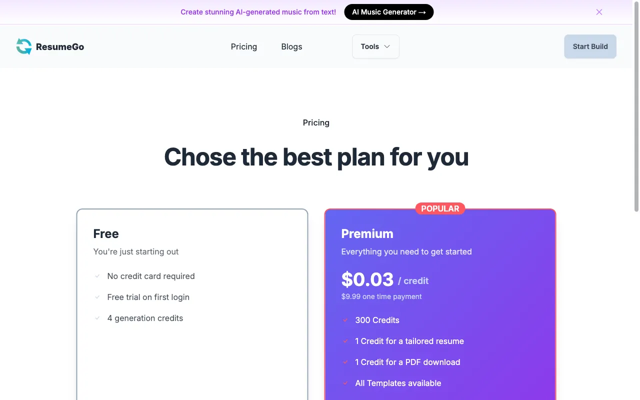 ResumeGo — pricing page