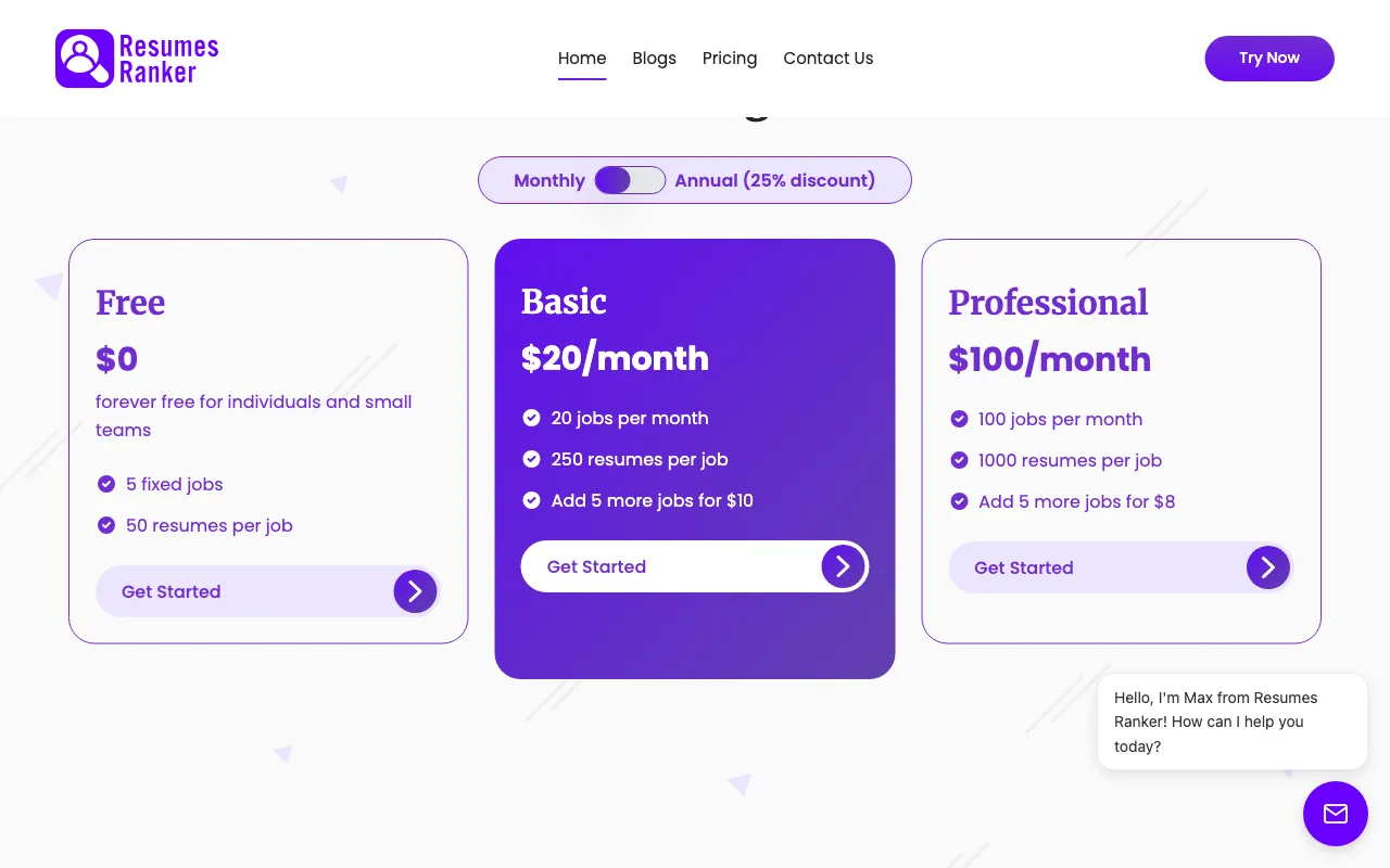 Resumes Ranker — pricing page
