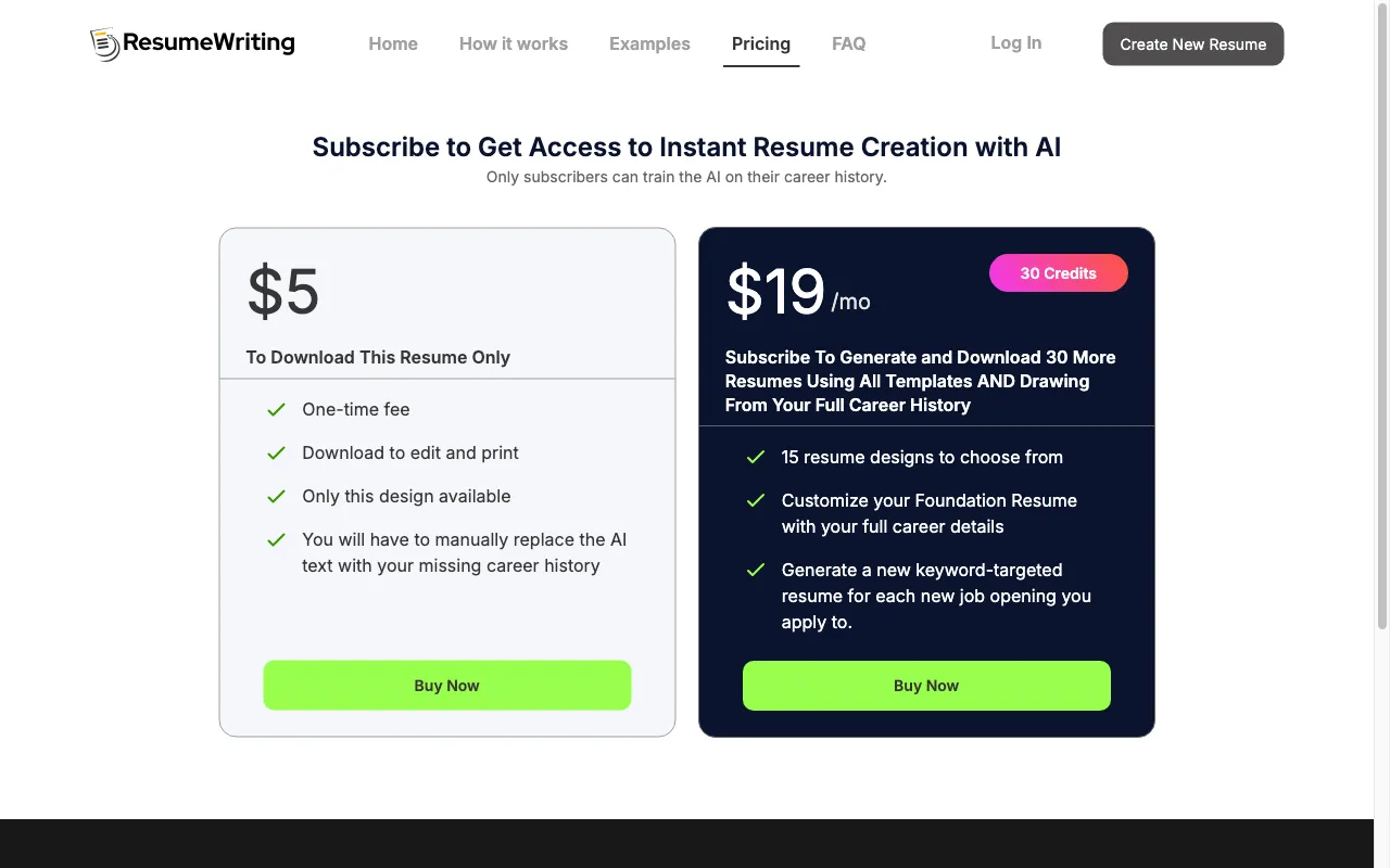 ResumeWriting — pricing page