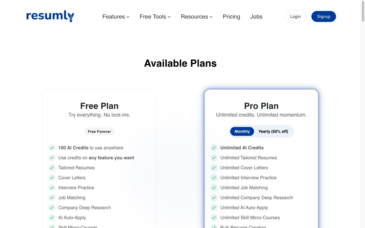 Resumly — pricing page