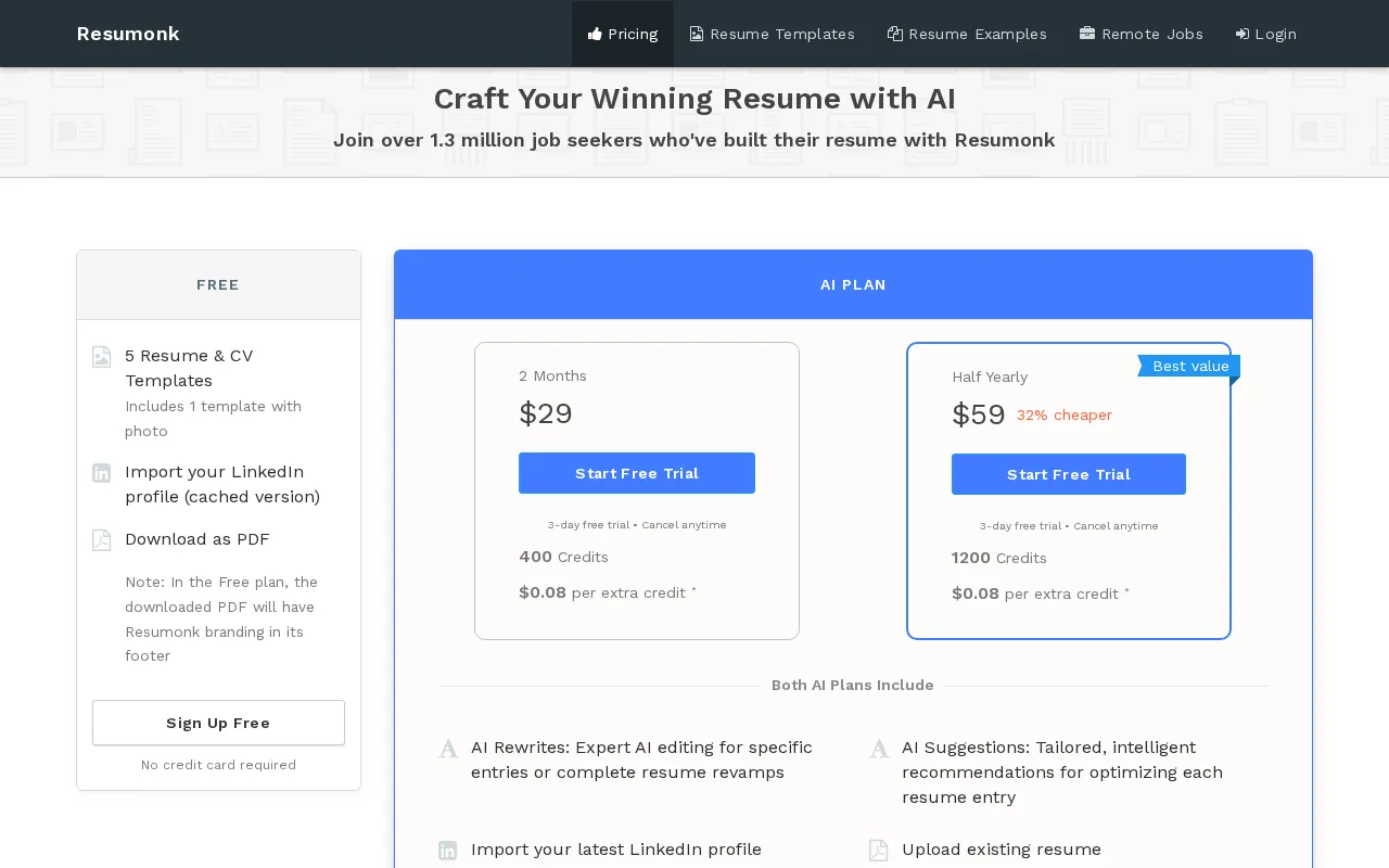 Resumonk — pricing page