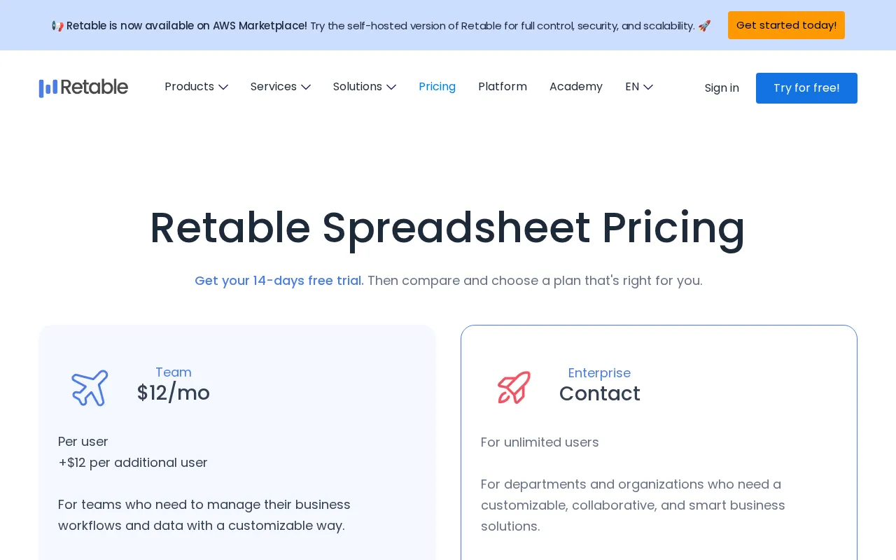 Retable — pricing page