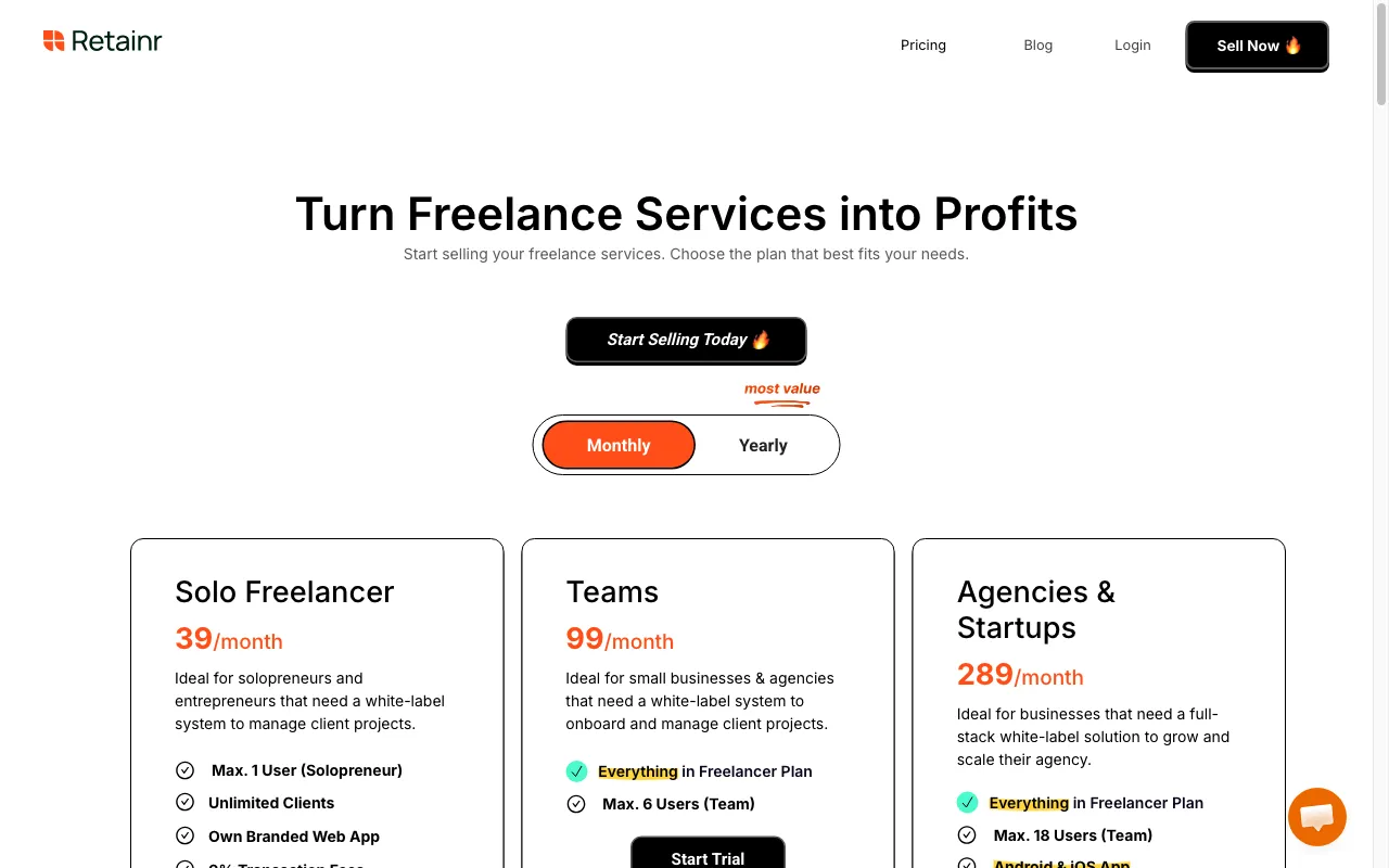 Retainr.io v2 — pricing page