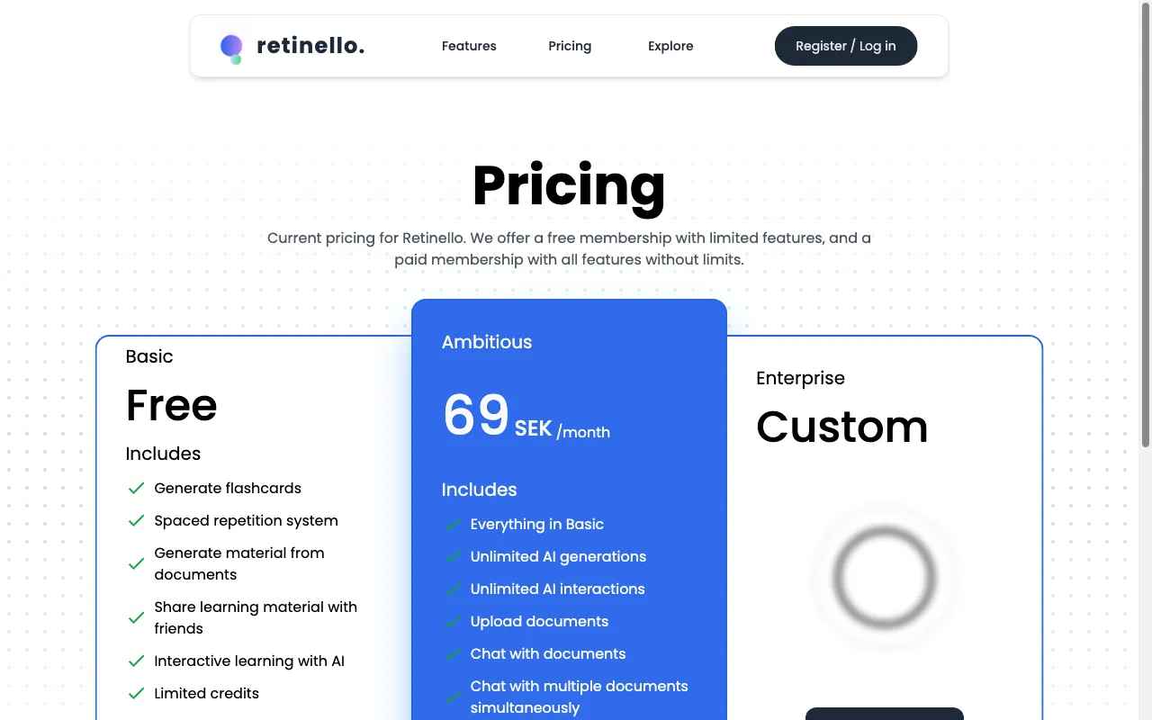 Retinello — pricing page