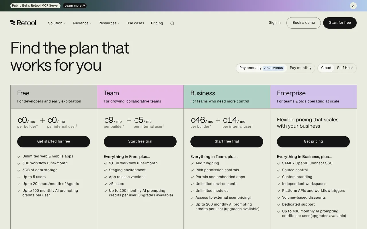 Retool — pricing page