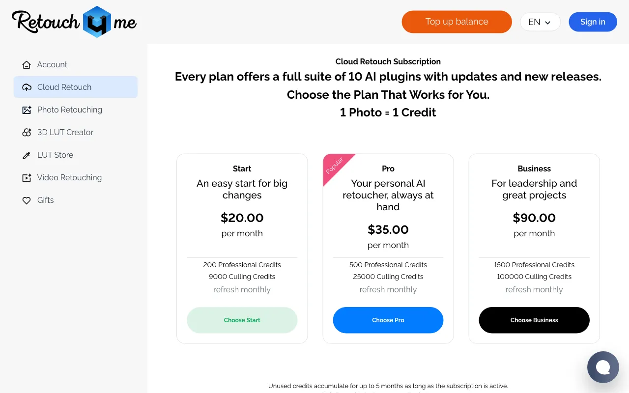 Retouch4me — pricing page