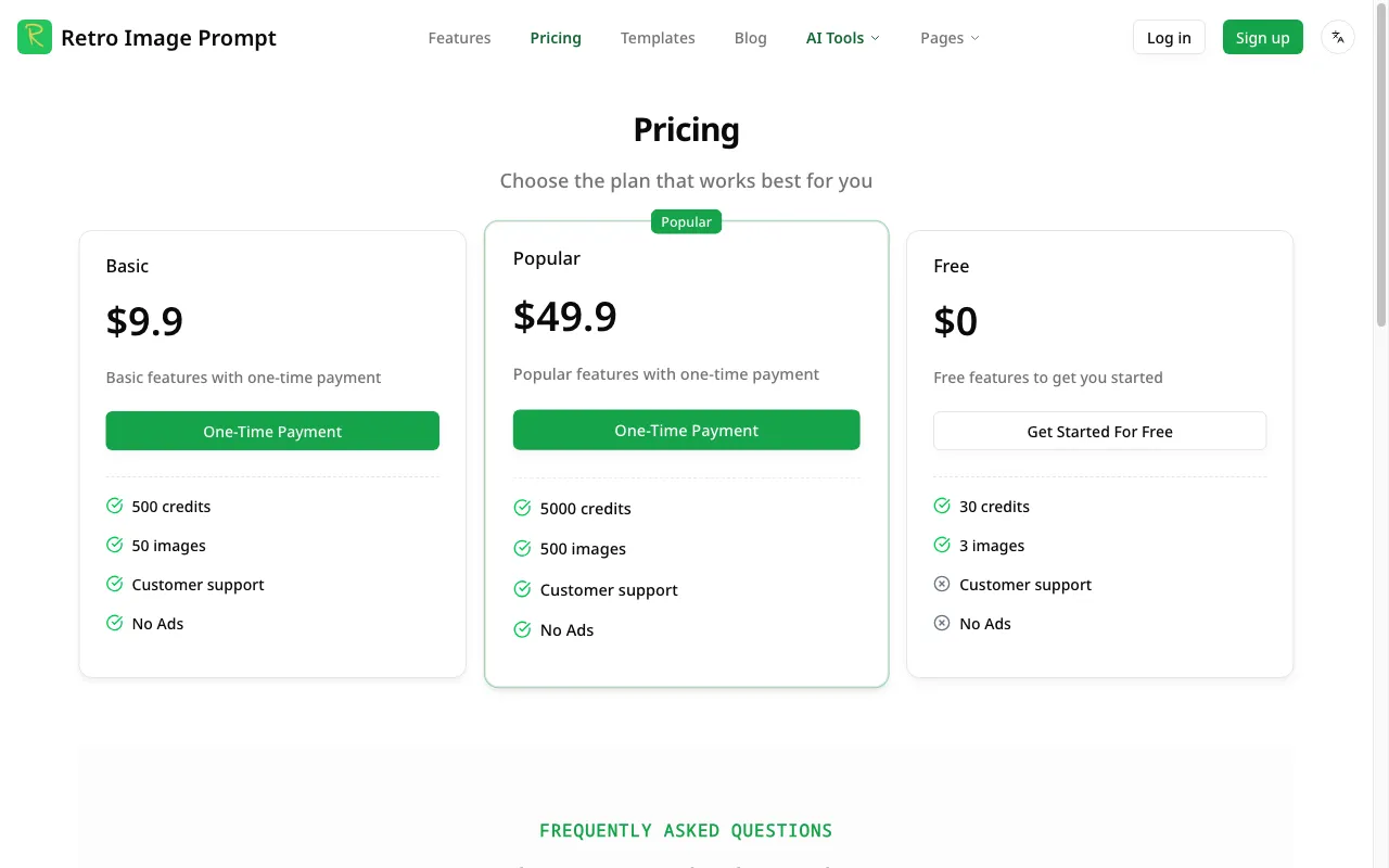 Retro Image Prompt — pricing page