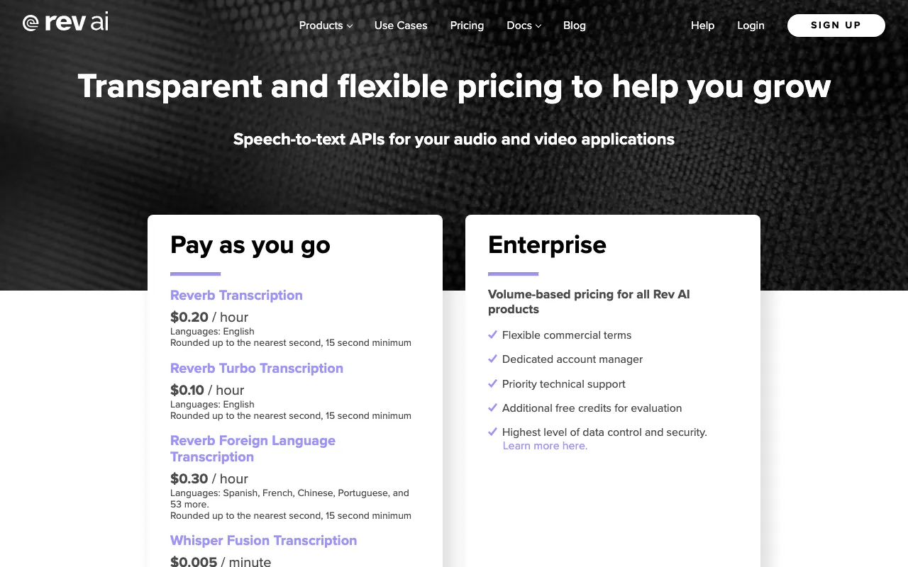 rev.ai — pricing page