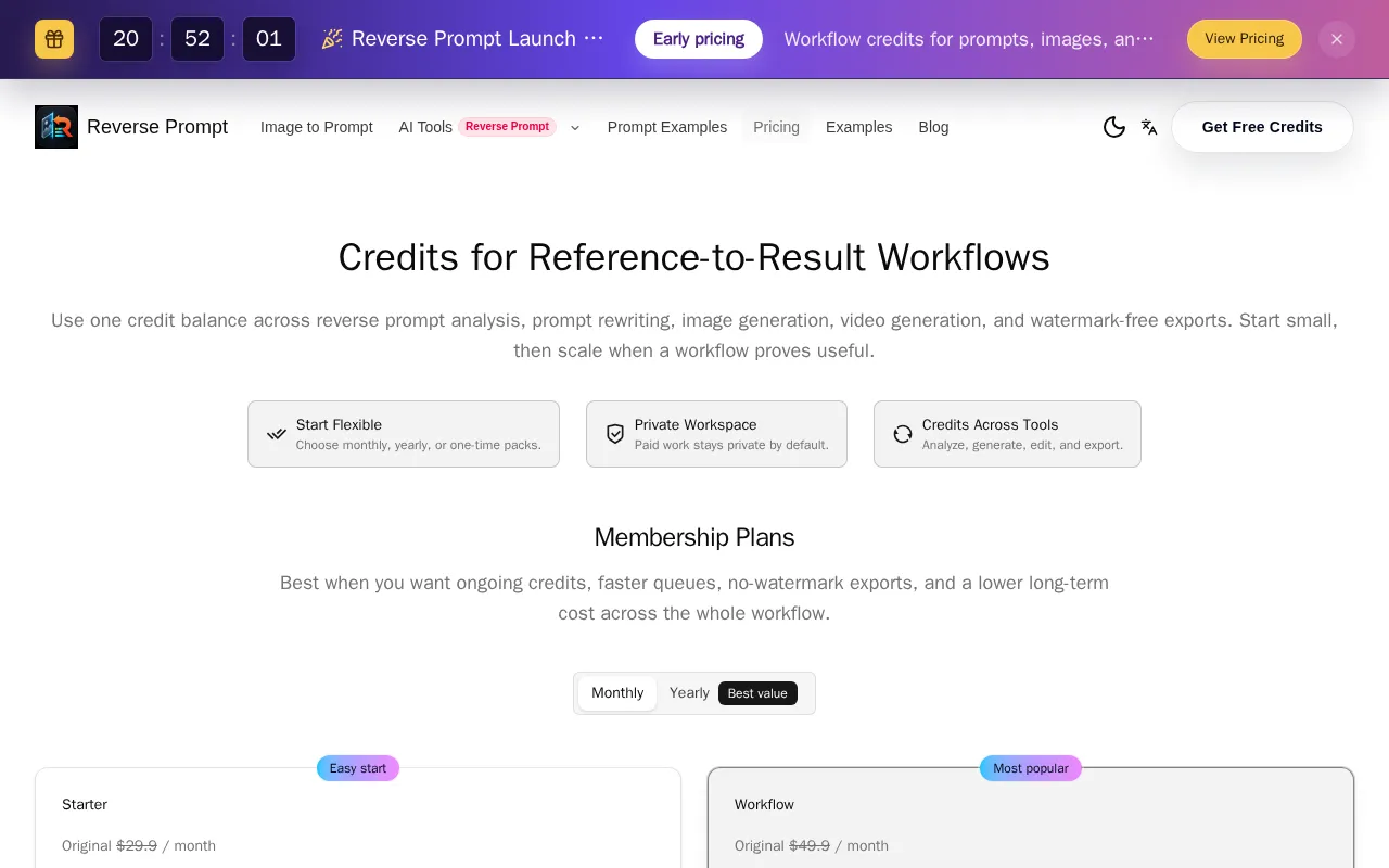Reverse Prompt — pricing page