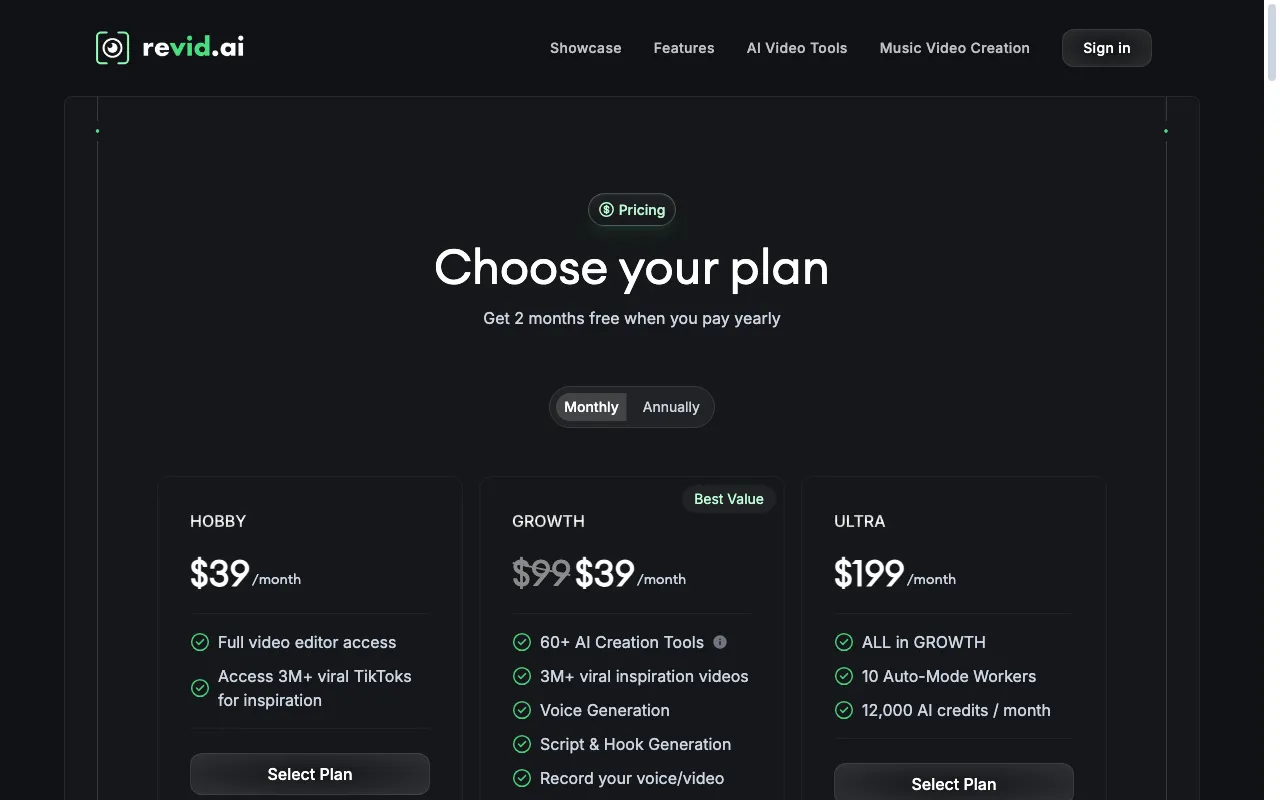revid.ai — pricing page
