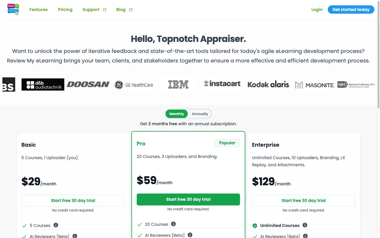 Review My eLearning — pricing page