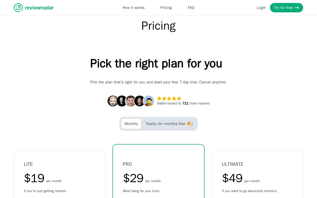 Reviewradar — pricing page