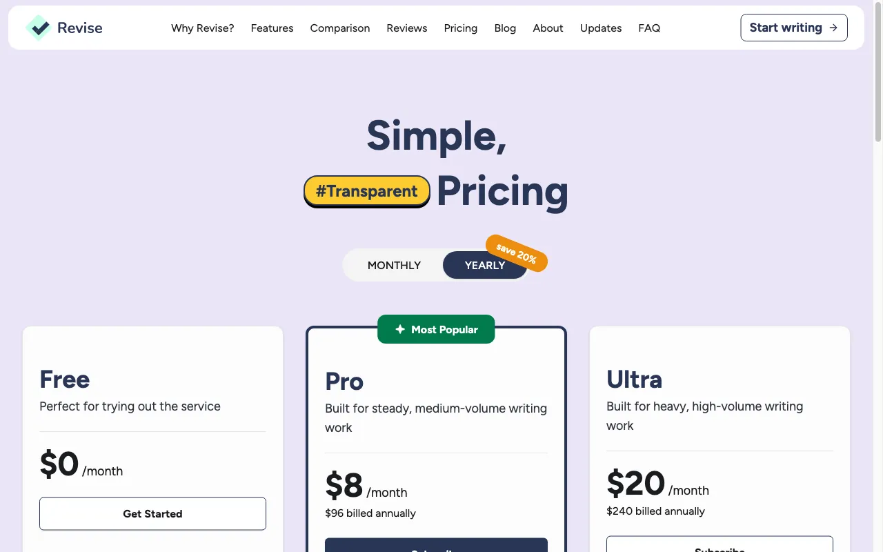 Revise — pricing page