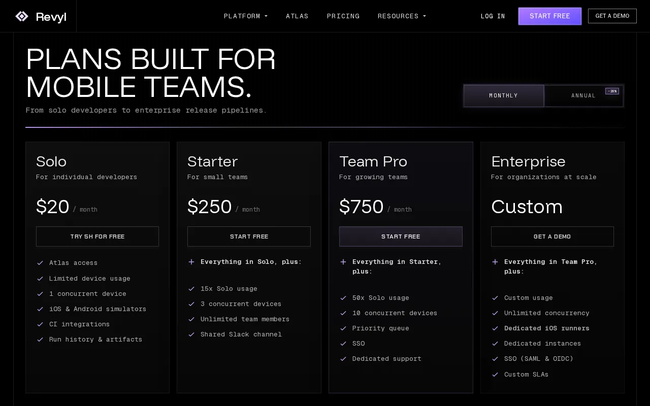 Revyl — pricing page