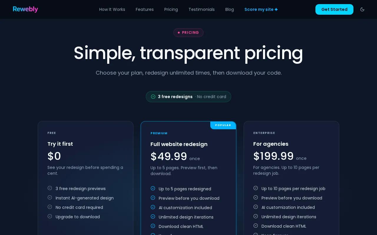 Rewebly — pricing page