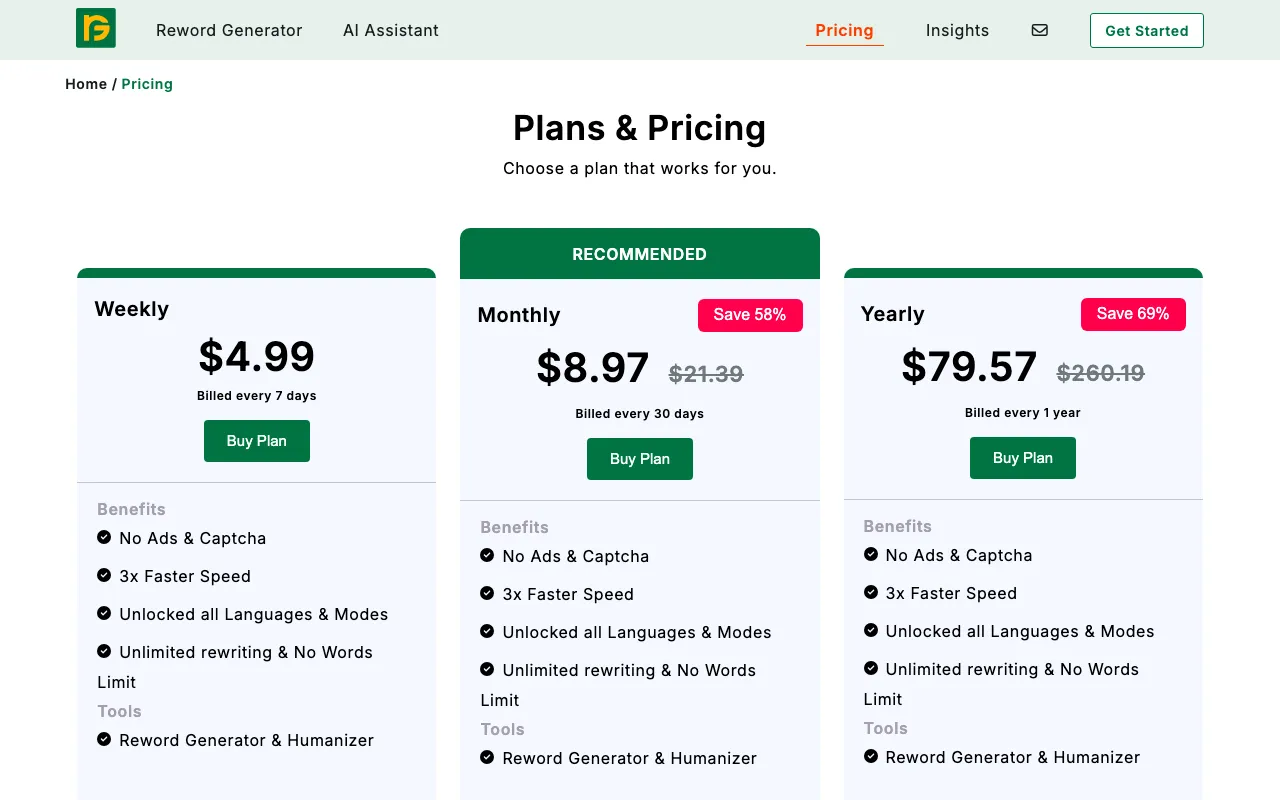 Reword Generator — pricing page