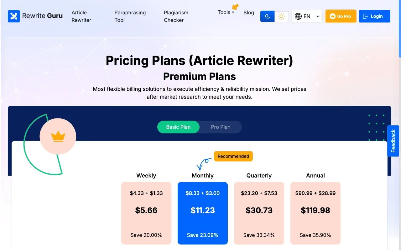 Article Rewriter | Free AI Text Rewriter Tool — pricing page