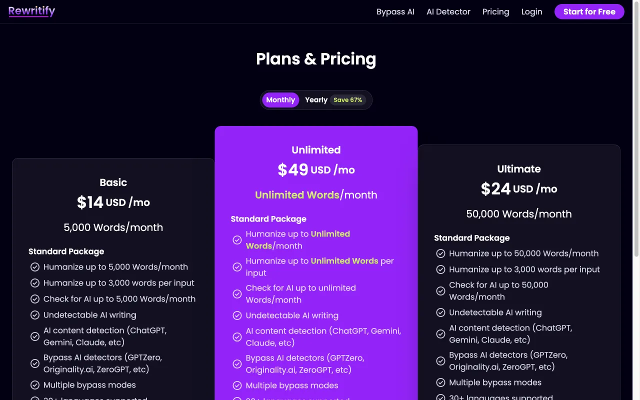 Rewritify — pricing page