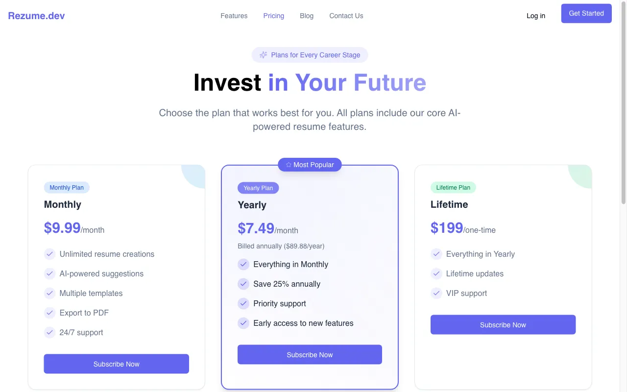 Rezume — pricing page