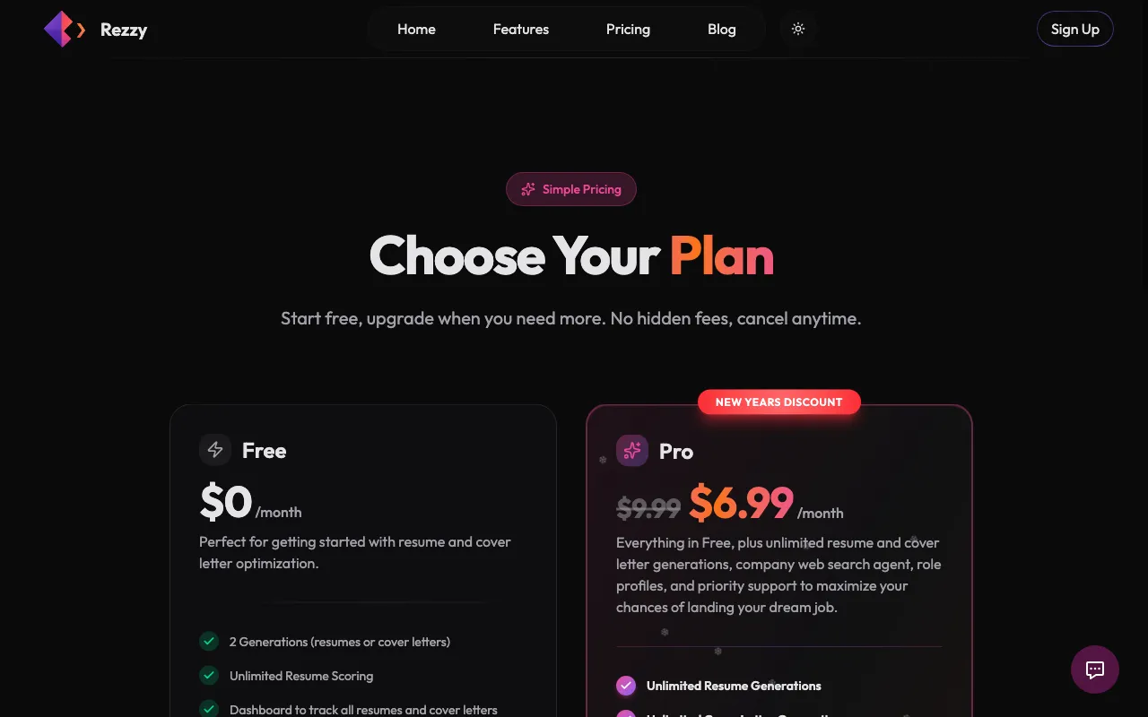 Rezzy — pricing page
