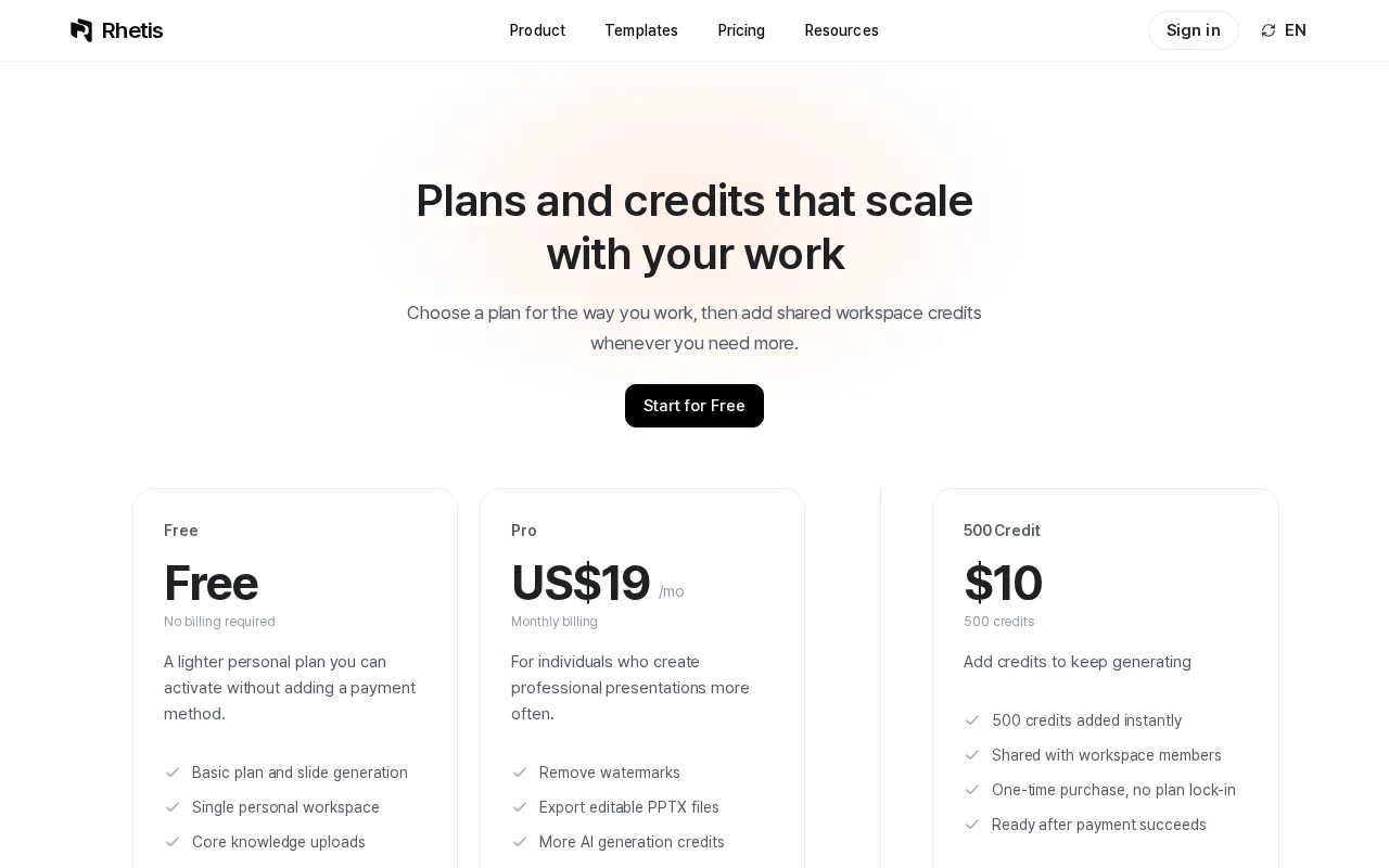 Rhetis — pricing page