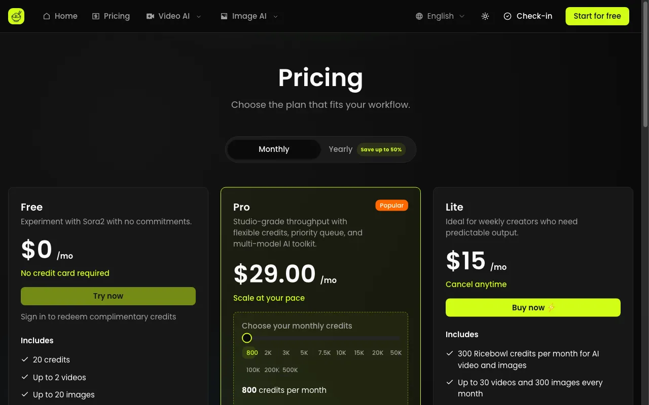 Ricebowl AI — pricing page