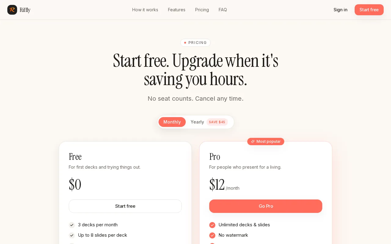Riffly — pricing page