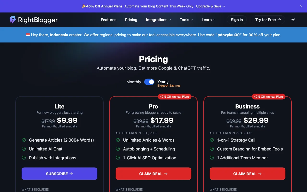 Right Blogger — pricing page