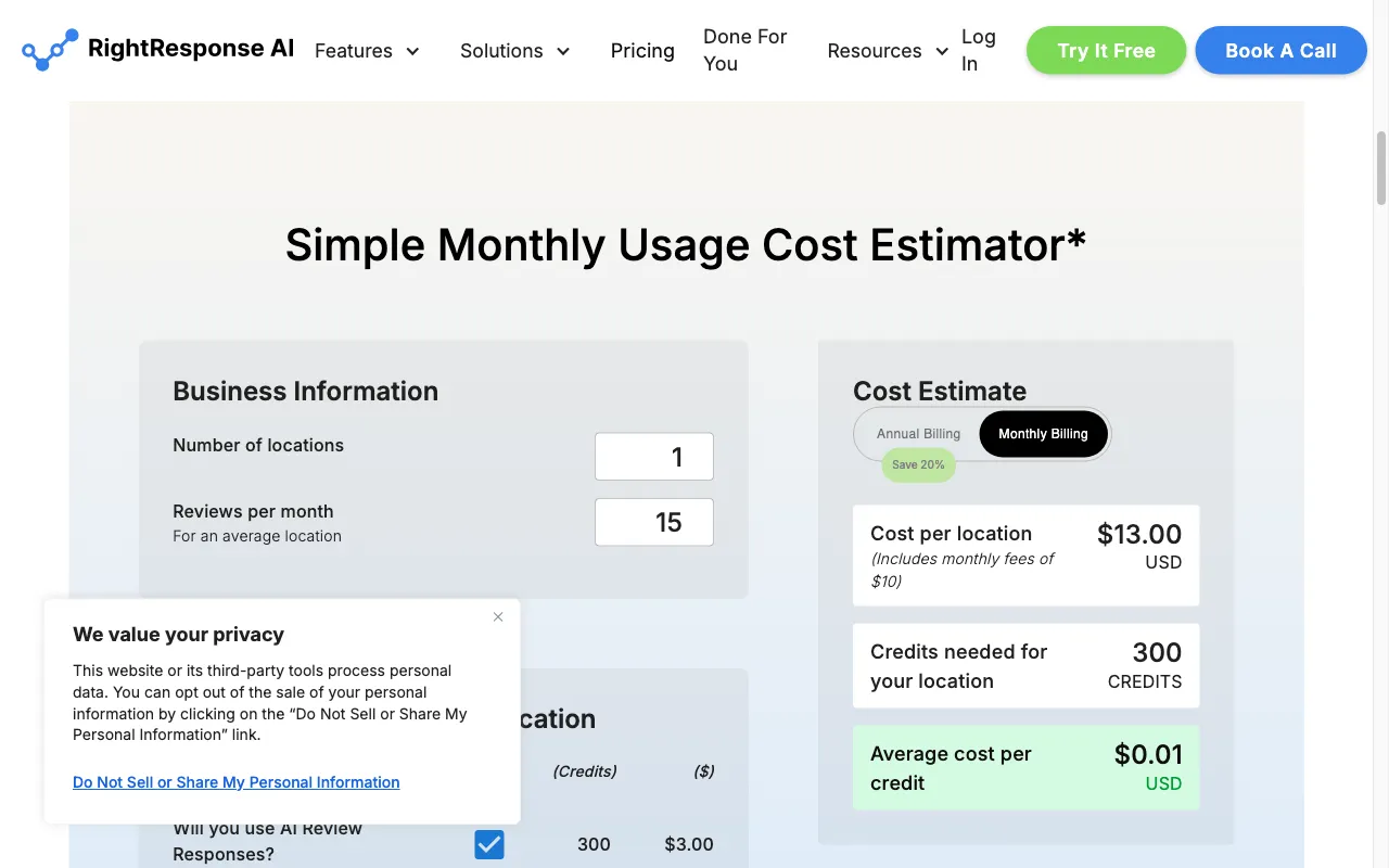 RightResponse AI — pricing page