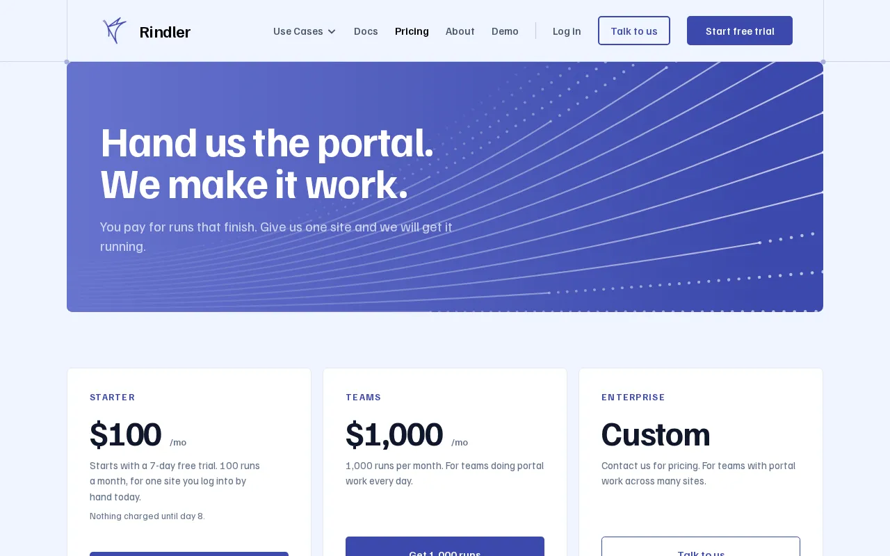 Rindler — pricing page