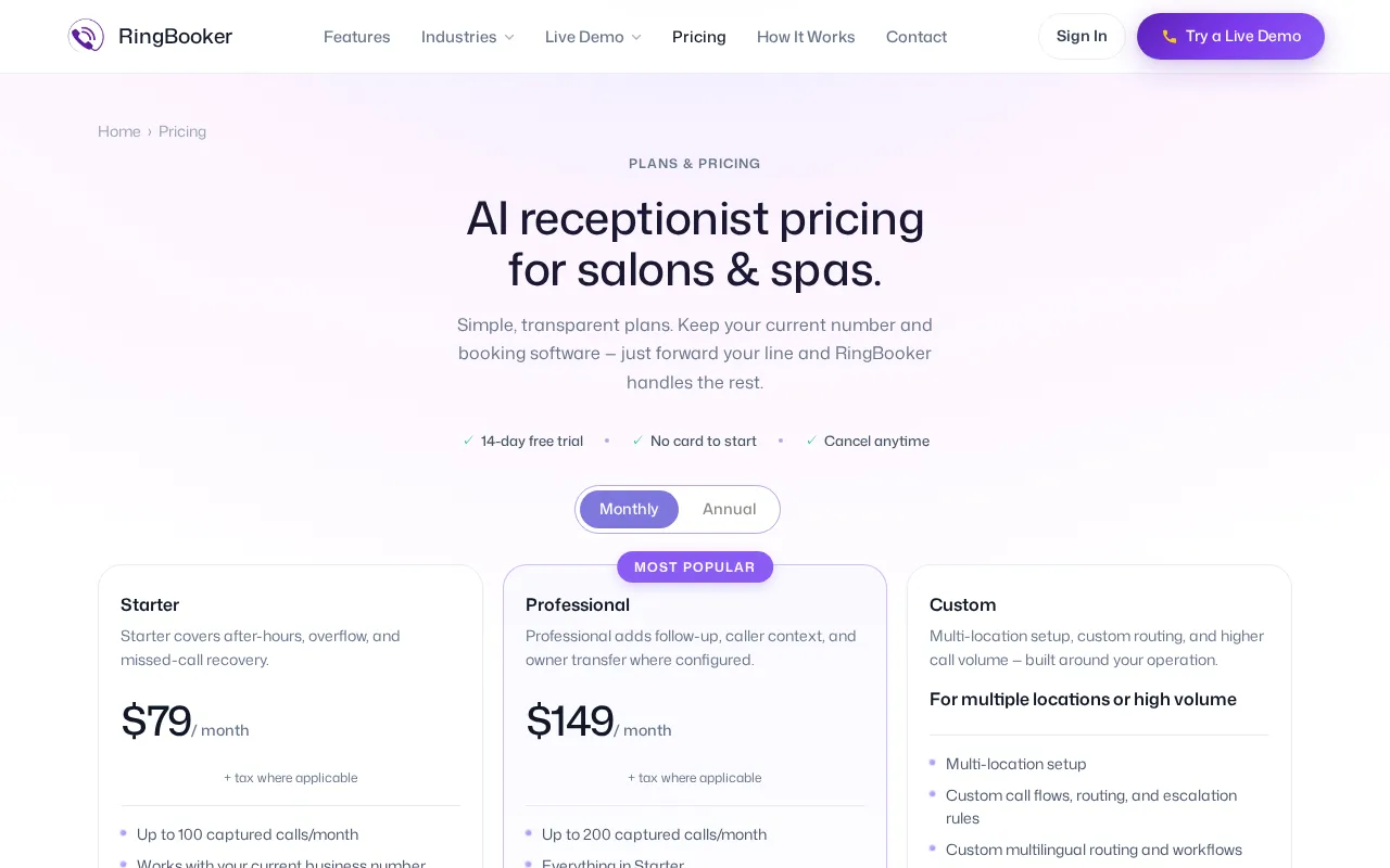 RingBooker — pricing page