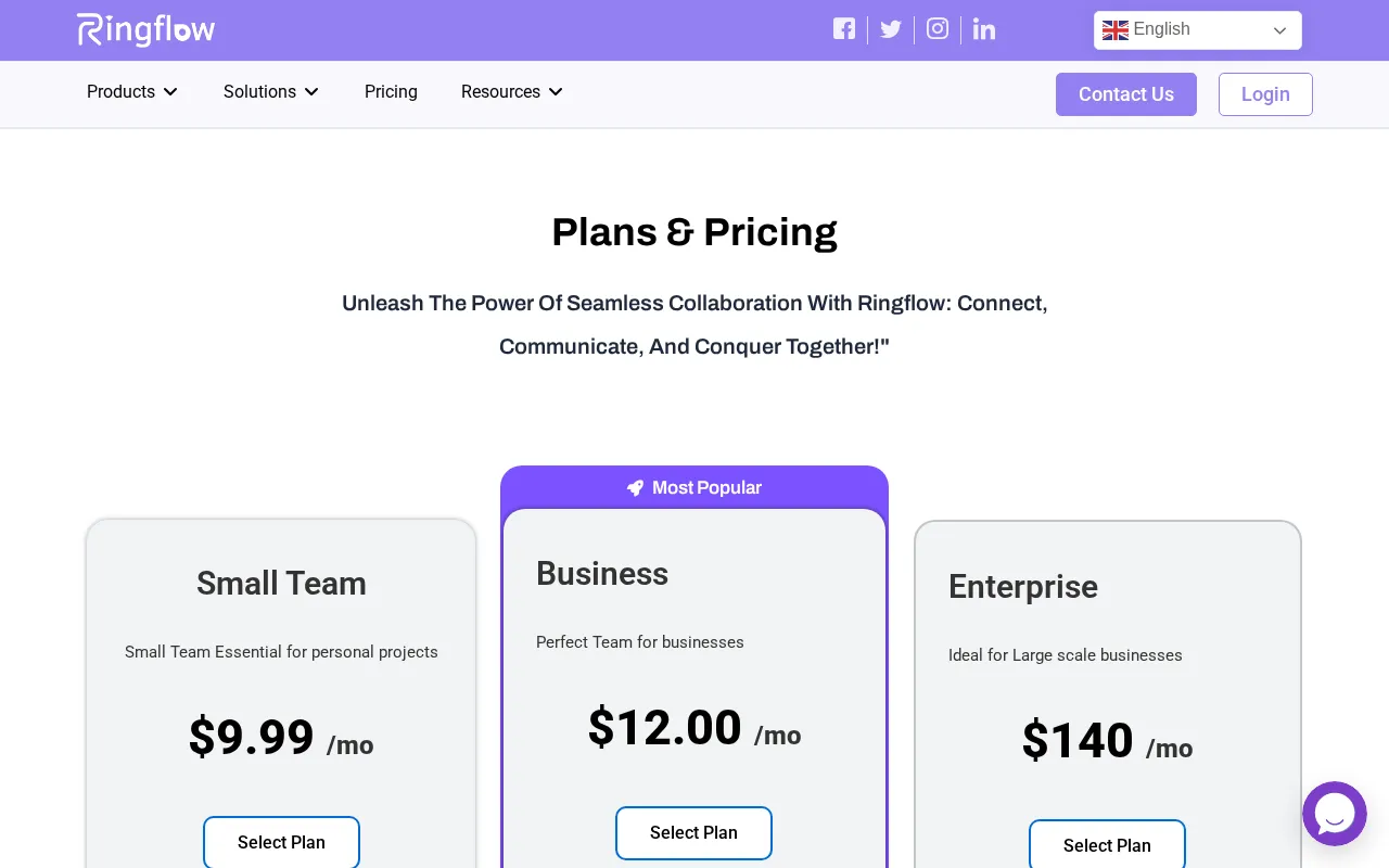 Ringflow — pricing page