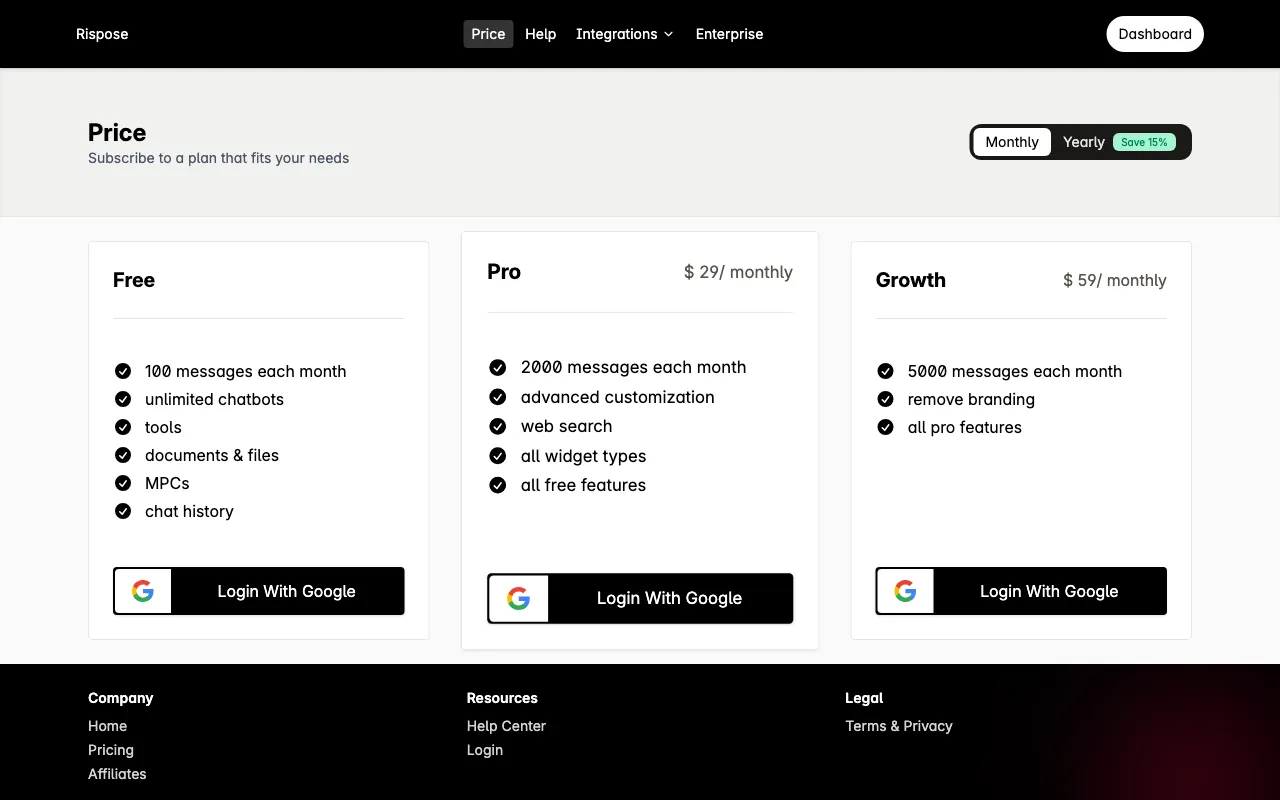 Rispose.com — pricing page