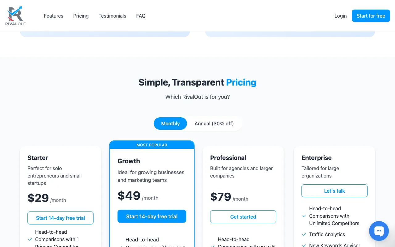 RivalOut — pricing page