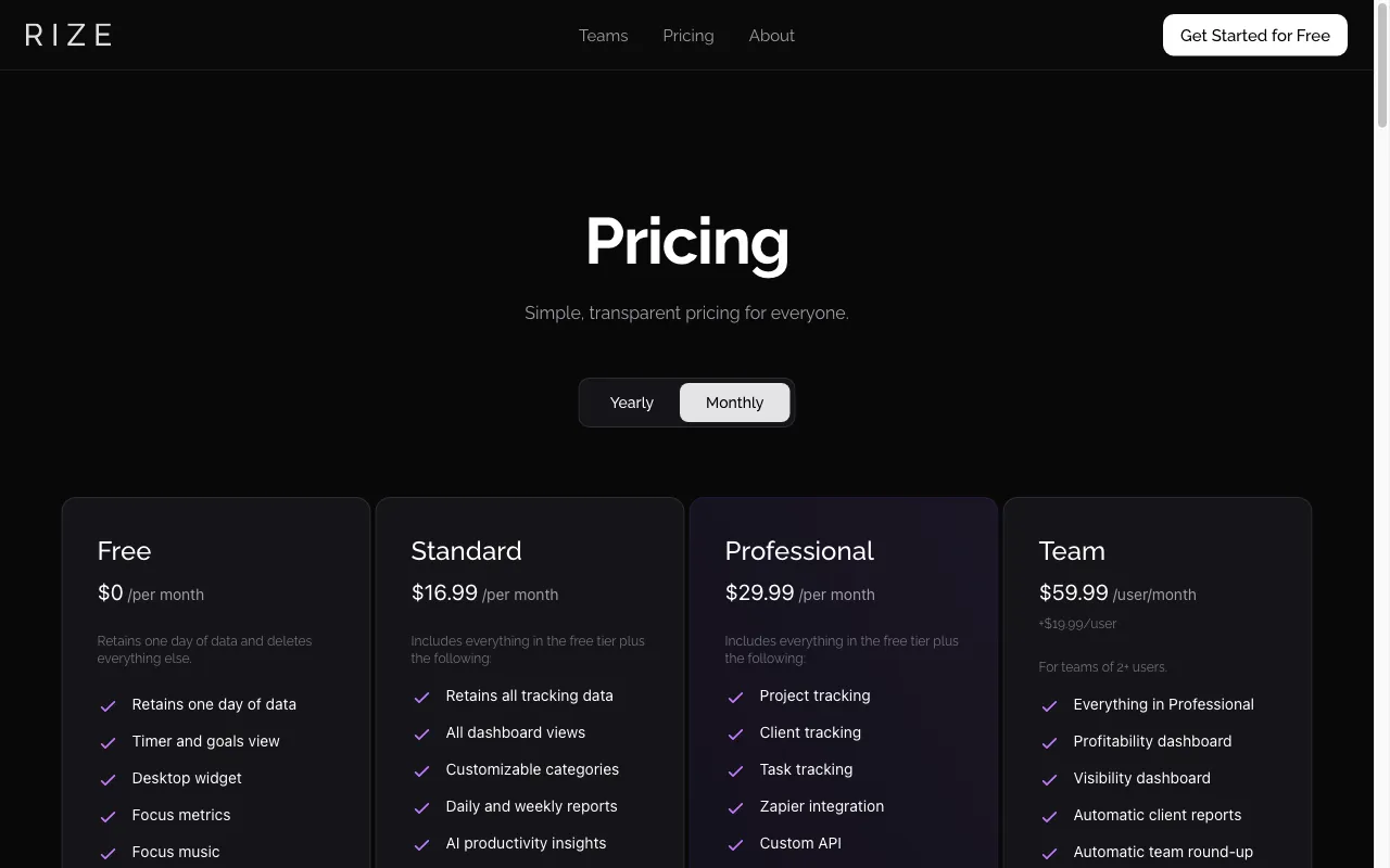 Rize — pricing page