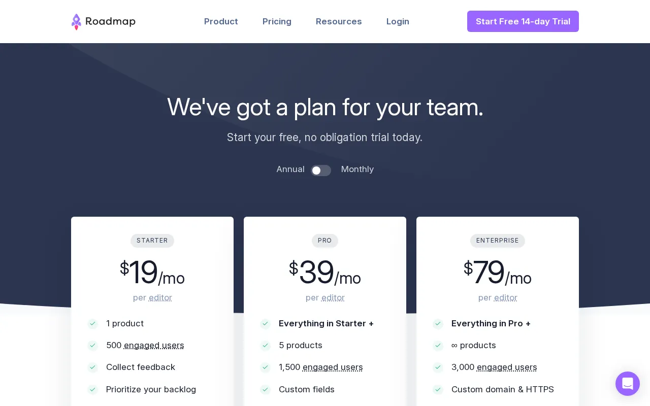 Roadmap — pricing page