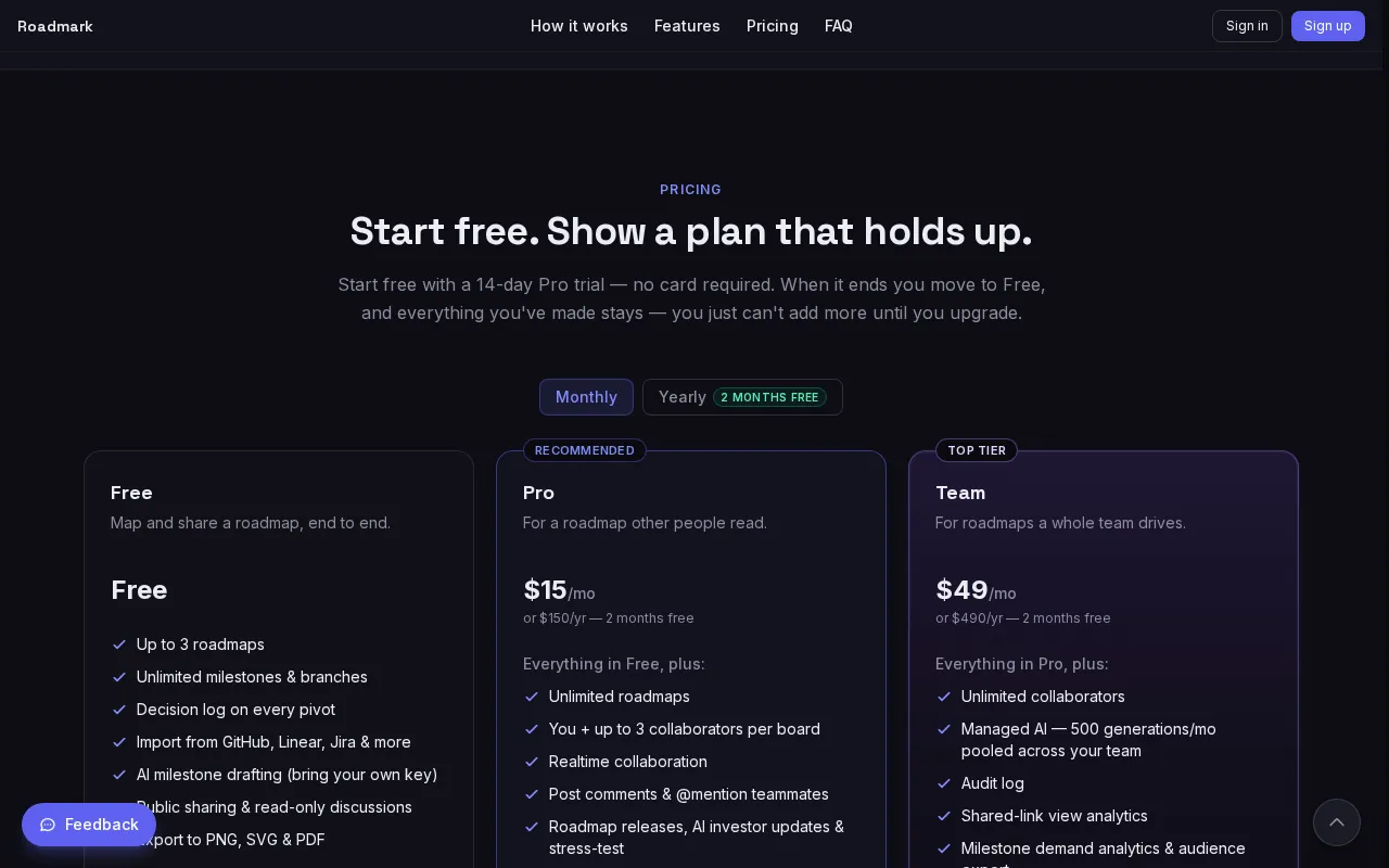 Roadmark — pricing page