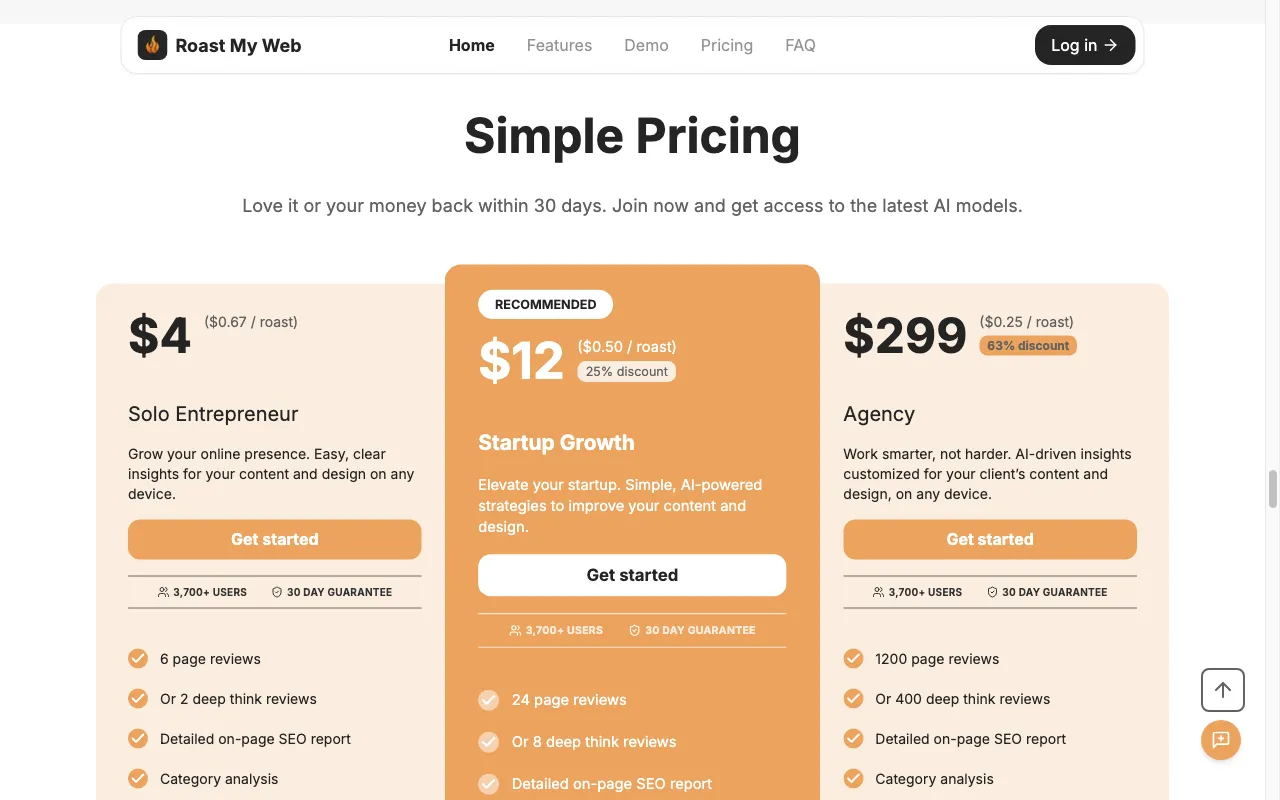 Roast My Web — pricing page