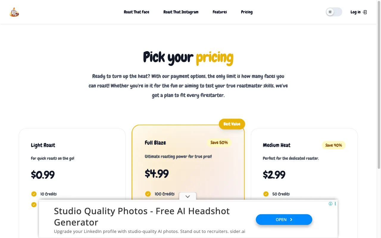RoastThatFace — pricing page