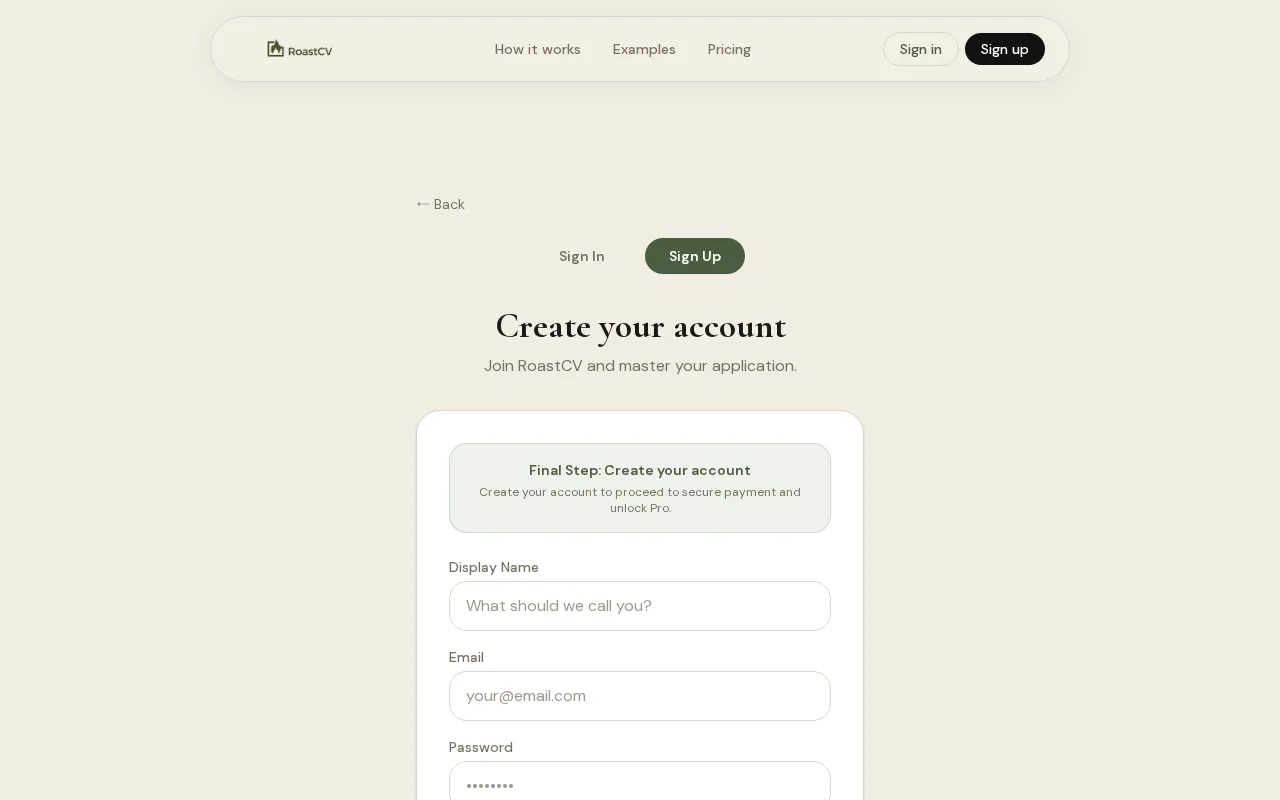 RoastCV — pricing page