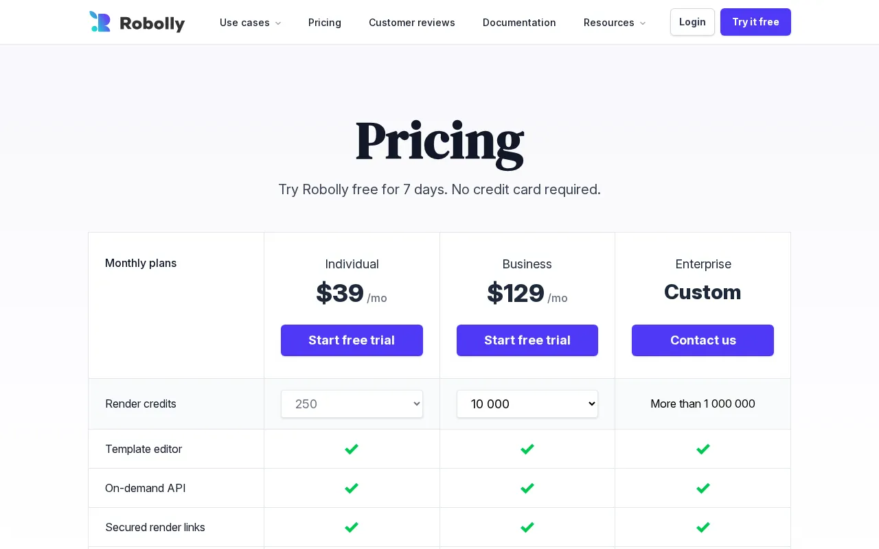 Robolly — pricing page