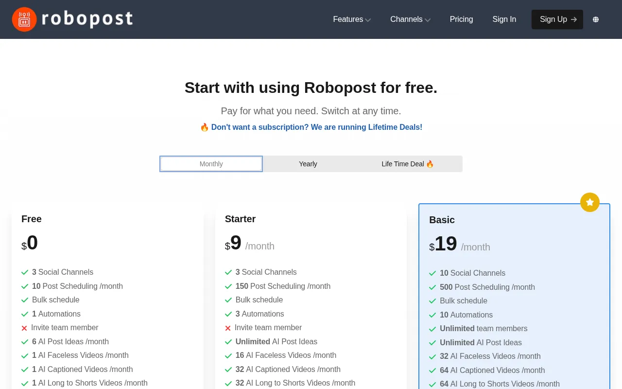 Robopost AI — pricing page