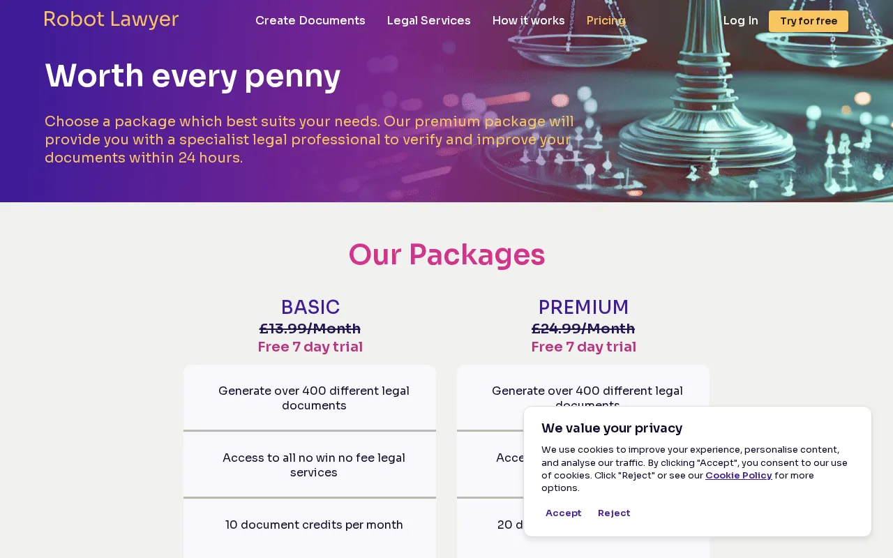 Robot Lawyer — pricing page
